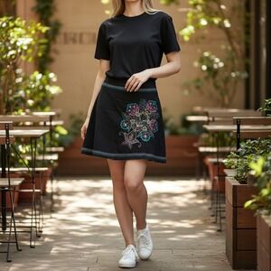 Skirt Girl Black Embroidered Floral A-Line Mini Skirt Boho Colorful Stitching 11